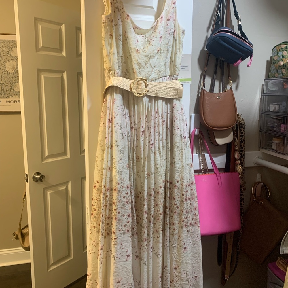 Taylor Cream Floral Midi Dress with Beige Belt